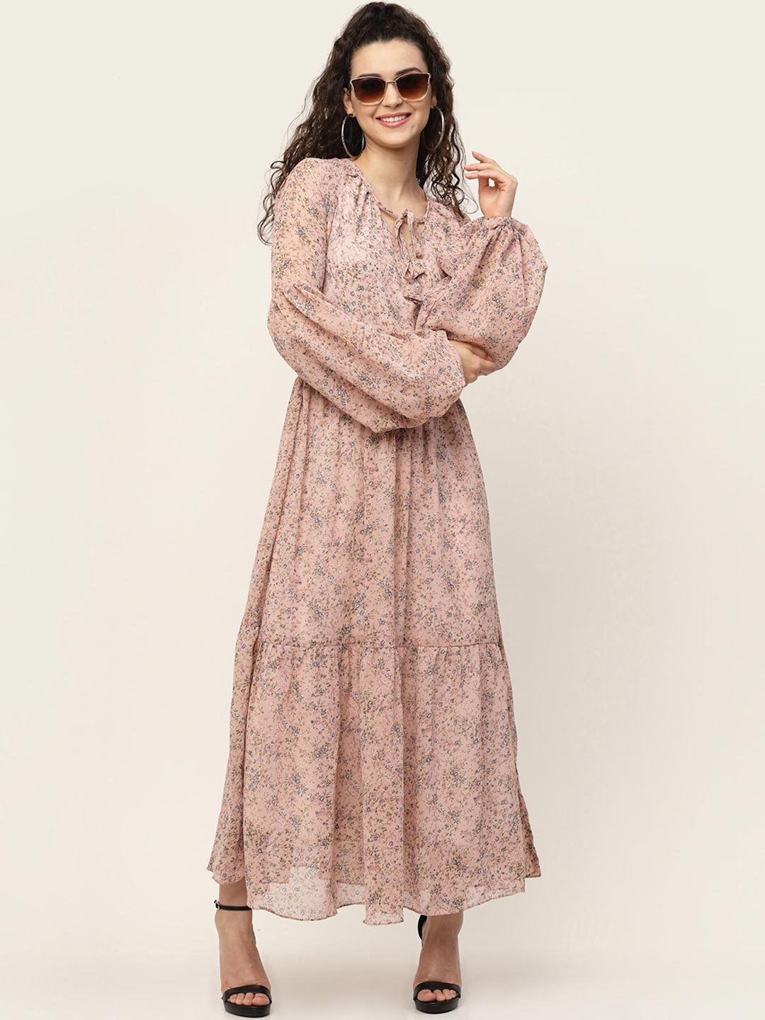 

MISS AYSE Floral Women Print Puff Sleeve Georgette Maxi Dress, Pink