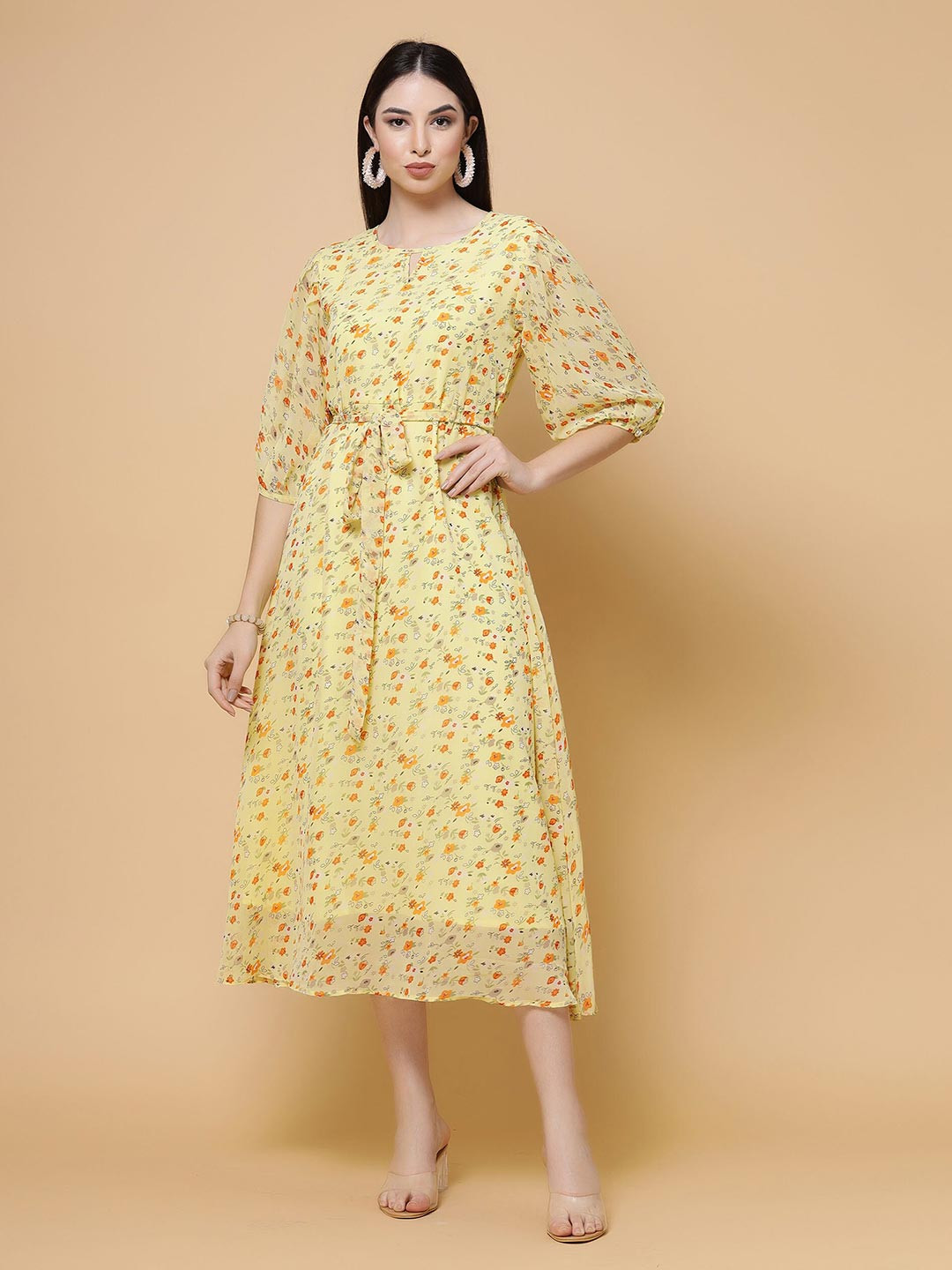 

MISS AYSE Women Floral Print Puff Sleeve Georgette A-Line Midi Dress, Yellow