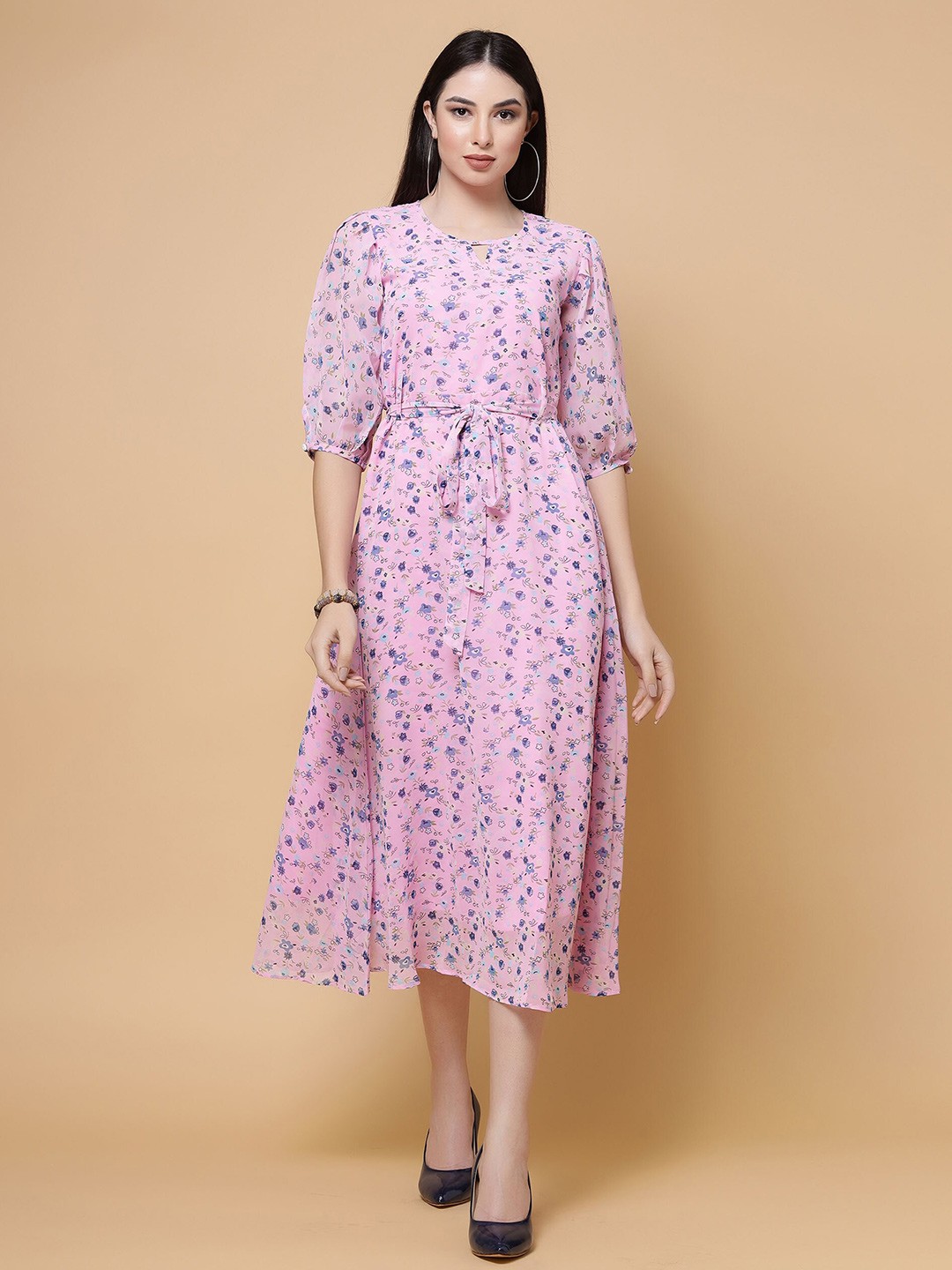 

MISS AYSE Women Floral Print Fit & Flare Midi Dress, Pink