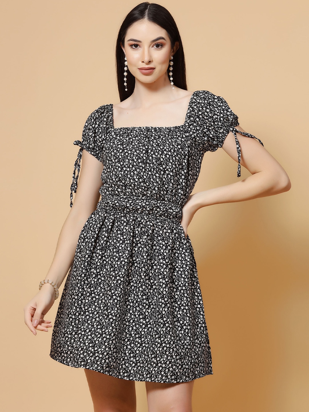 

MISS AYSE Floral Print Georgette Fit & Flare Dress, Black