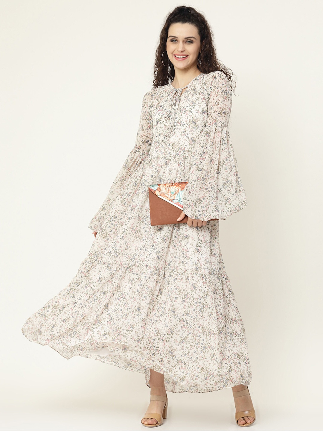 

MISS AYSE Women Floral Print Bell Sleeve Maxi Dress, White