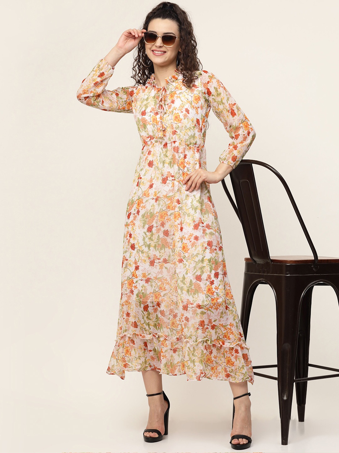 

MISS AYSE Women Floral Print Tie-Up Neck Maxi Dress, Orange