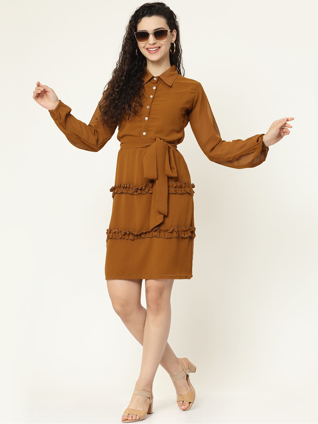 

MISS AYSE Women Georgette A-Line Dress, Brown