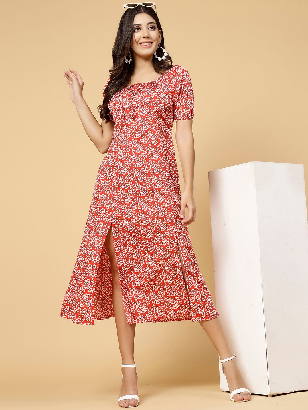 

MISS AYSE Floral Print Georgette A-Line Midi Dress, Multi