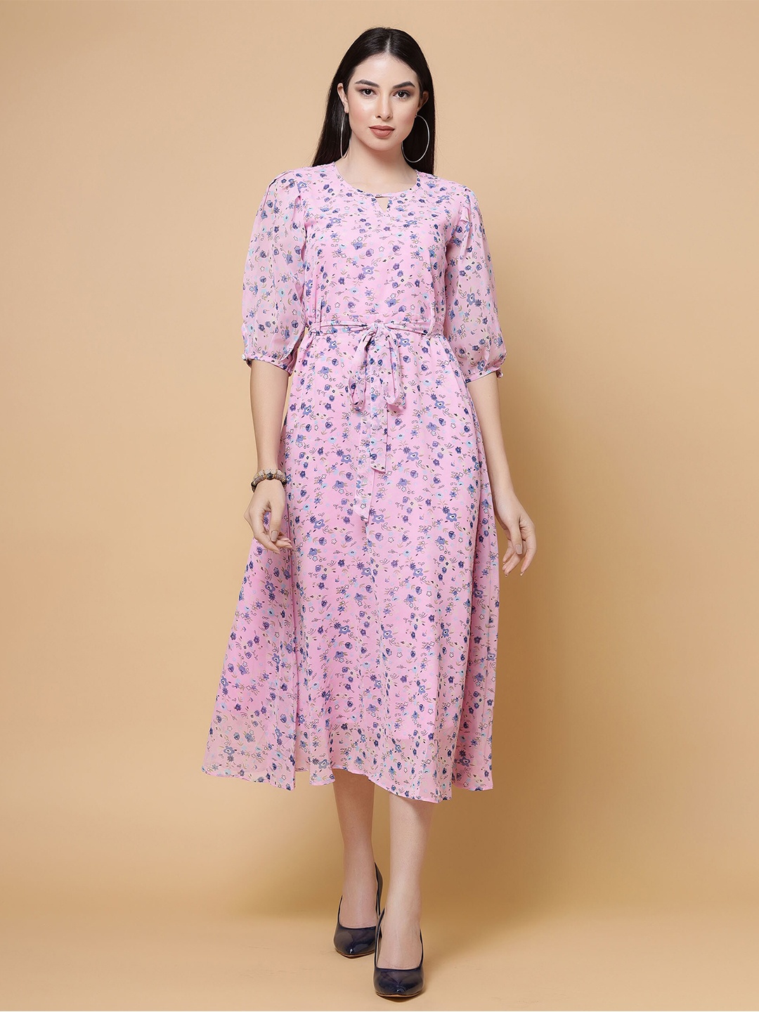 

MISS AYSE Women Floral Print A-Line Midi Dress, Pink