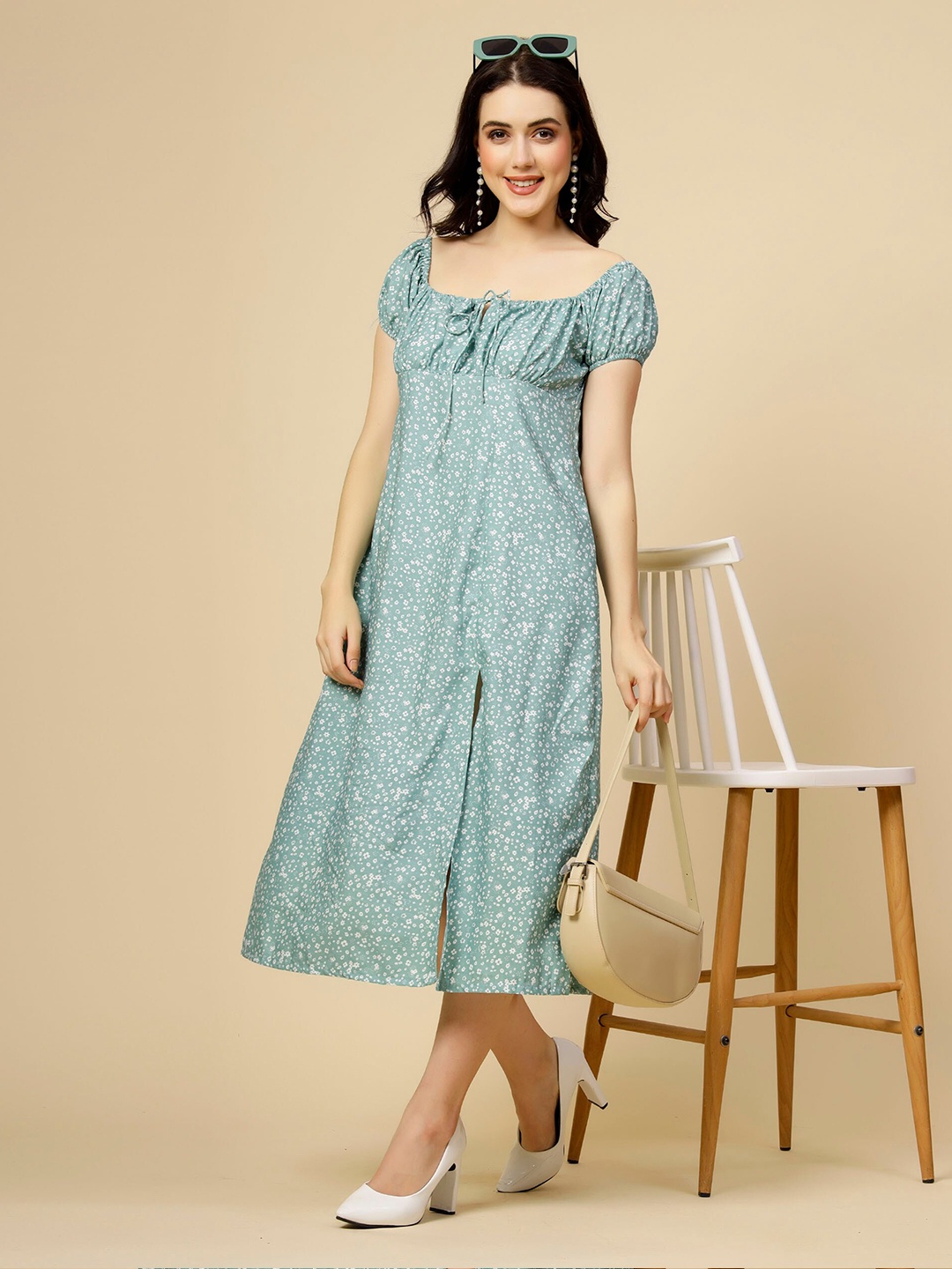 

MISS AYSE Floral Print Off-Shoulder Georgette A-Line Midi Dress, Green
