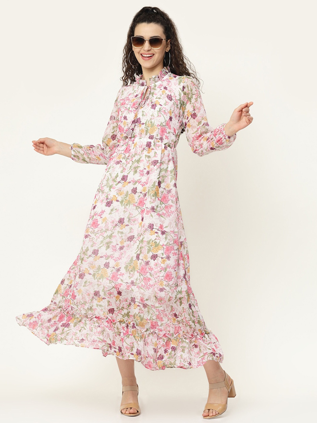 

MISS AYSE Women Georgette Floral Print Puff Sleeves Maxi Dress, Pink