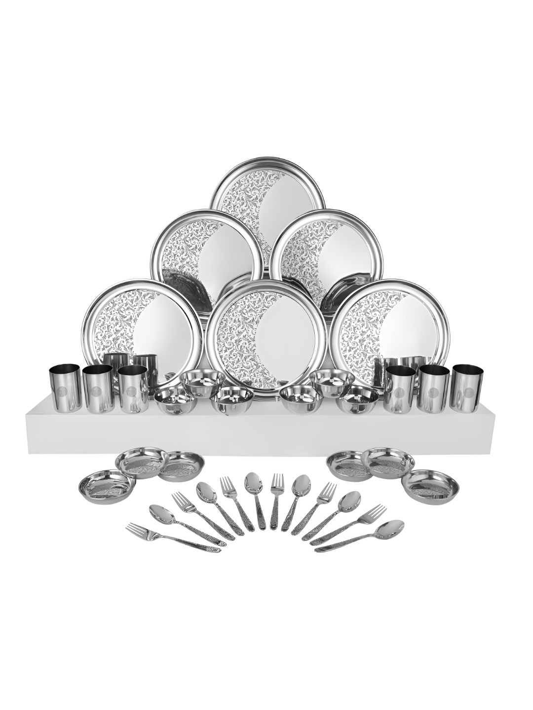 

Shri & Sam Silver-Toned 36 Pieces Floral Printed Glossy Dinner Set