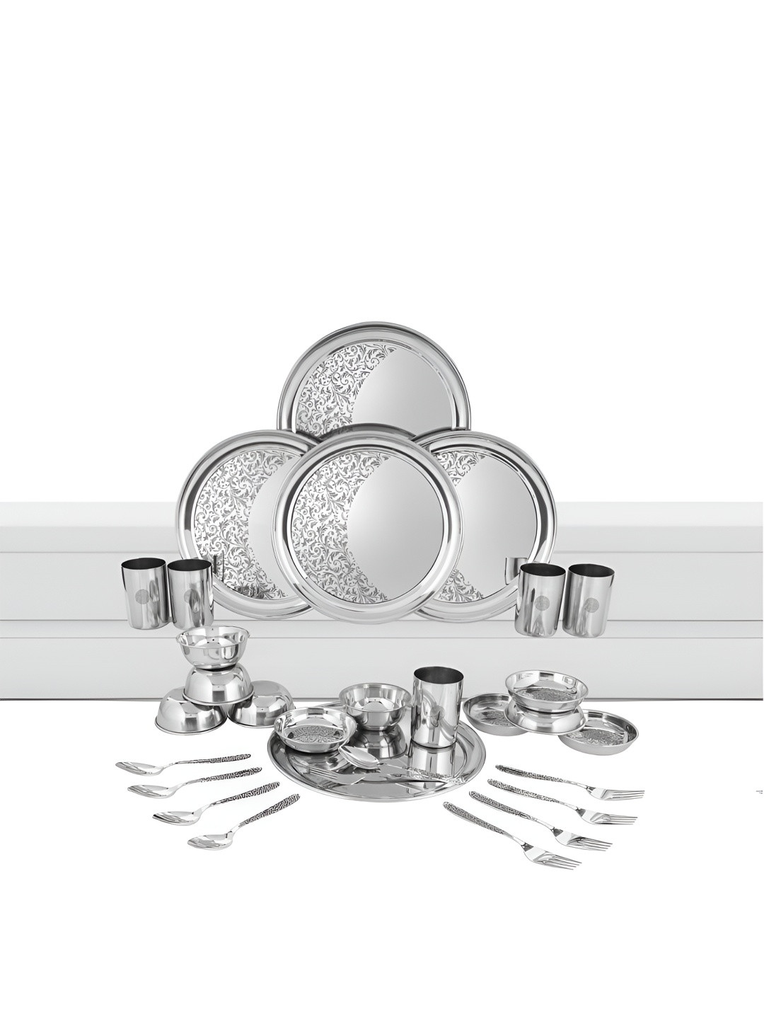 

Shri & Sam Shagun 30 Pieces Floral Printed Stainless Steel Glossy Dinner Set, Silver