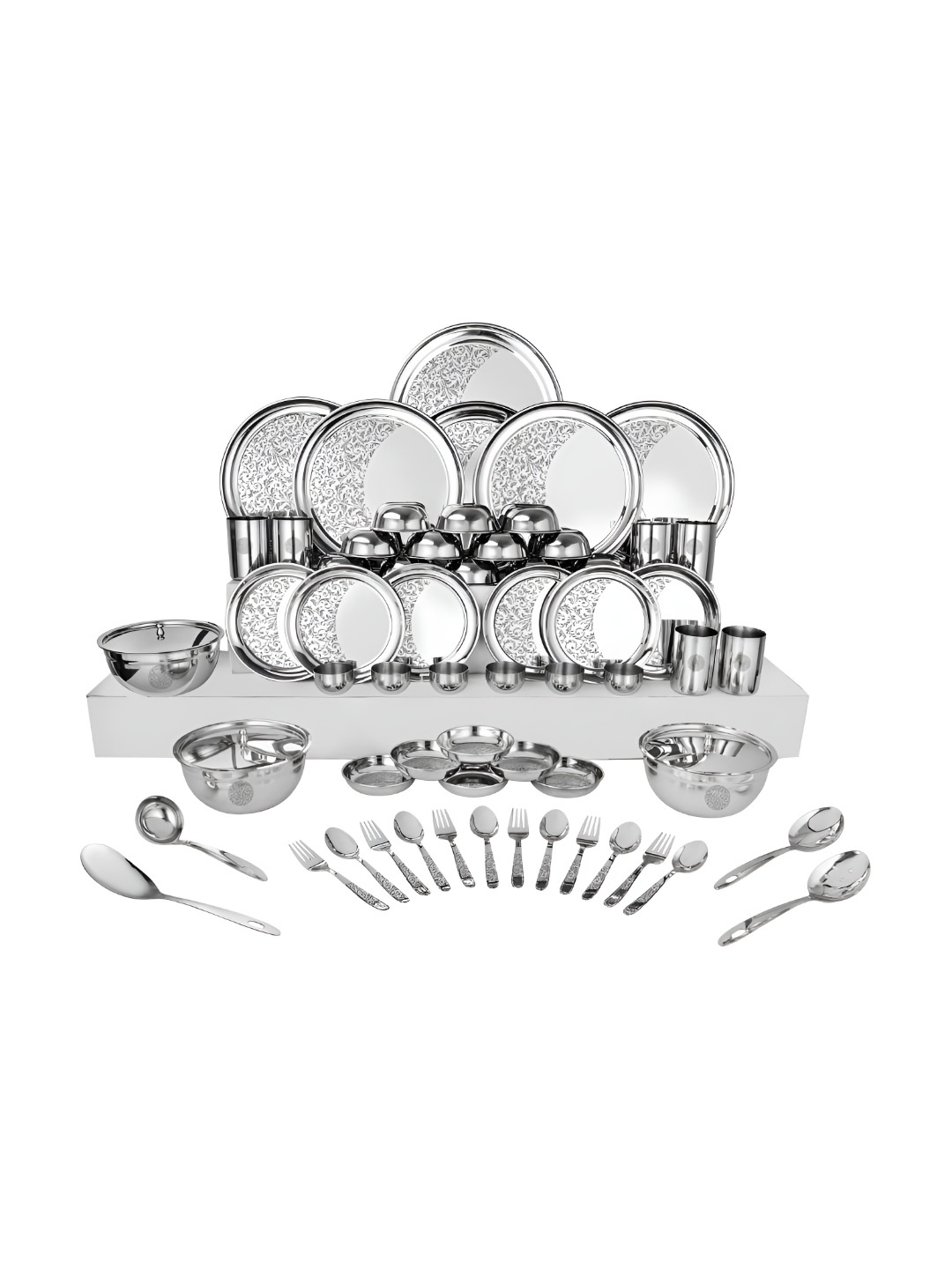 

Shri & Sam Silver Toned 68 Pieces Printed Matte Dinner Set