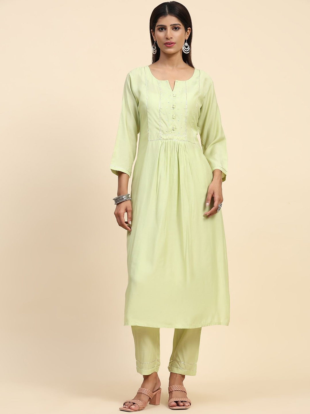 

Phenav Pleated Sequinned A-Line Kurta with Trousers, Sea green