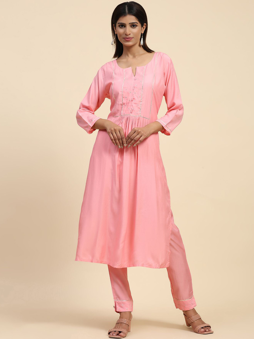 

Phenav Pleated Sequinned A-Line Kurta with Trousers, Peach
