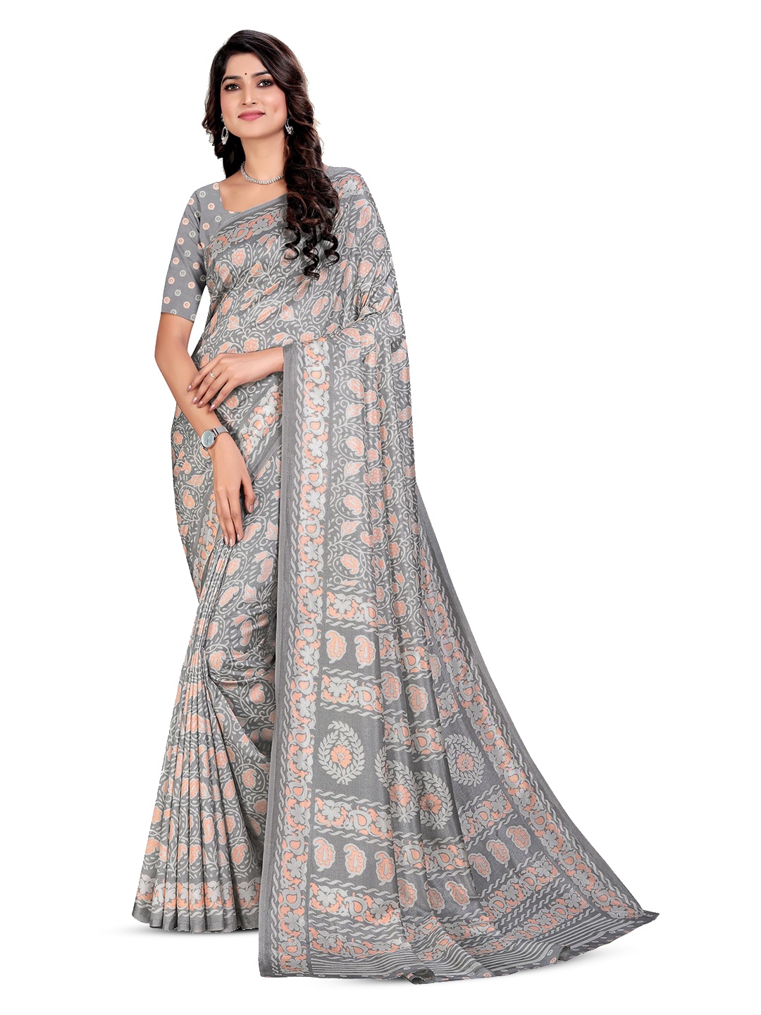 

VIMLA Floral Art Silk Mysore Silk Saree, Grey
