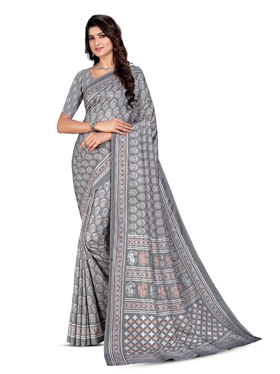 

VIMLA Ethnic Motifs Printed Mysore Silk Saree, Grey