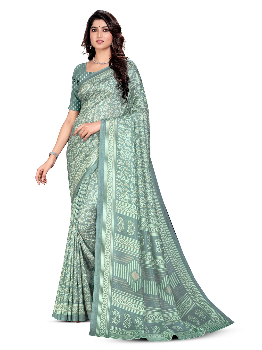 

VIMLA Paisley Printed Mysore Silk Saree, Green