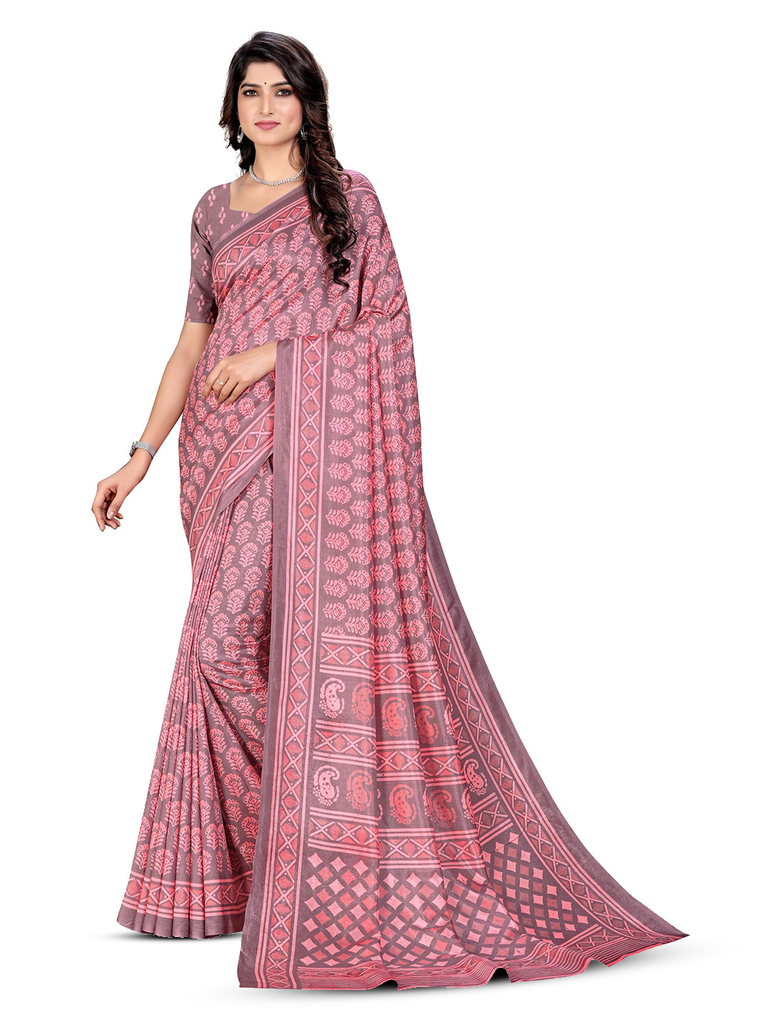 

VIMLA Ethnic Motifs Printed Mysore Silk Saree, Pink