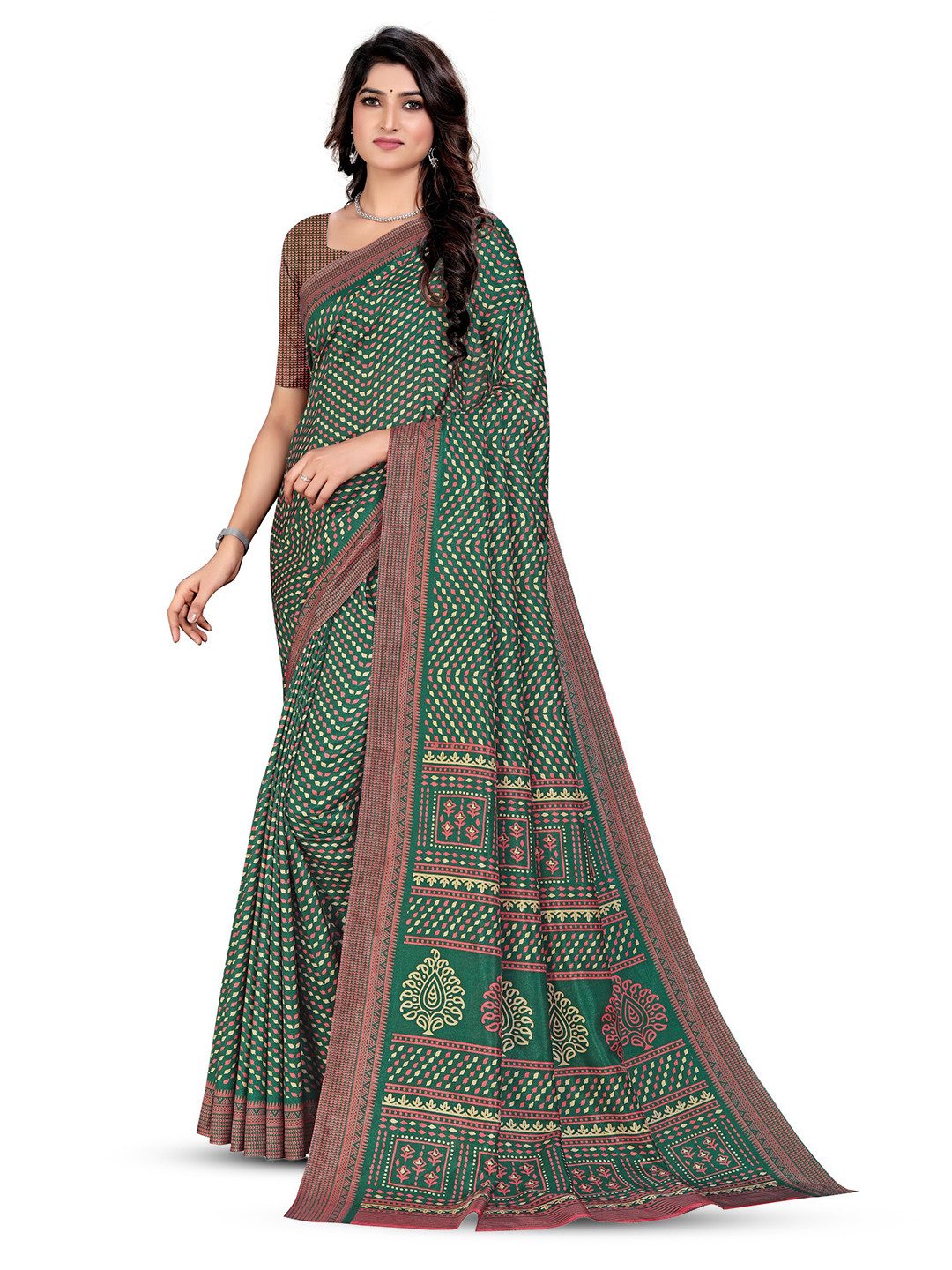 

VIMLA Geometric Printed Mysore Silk Saree, Green