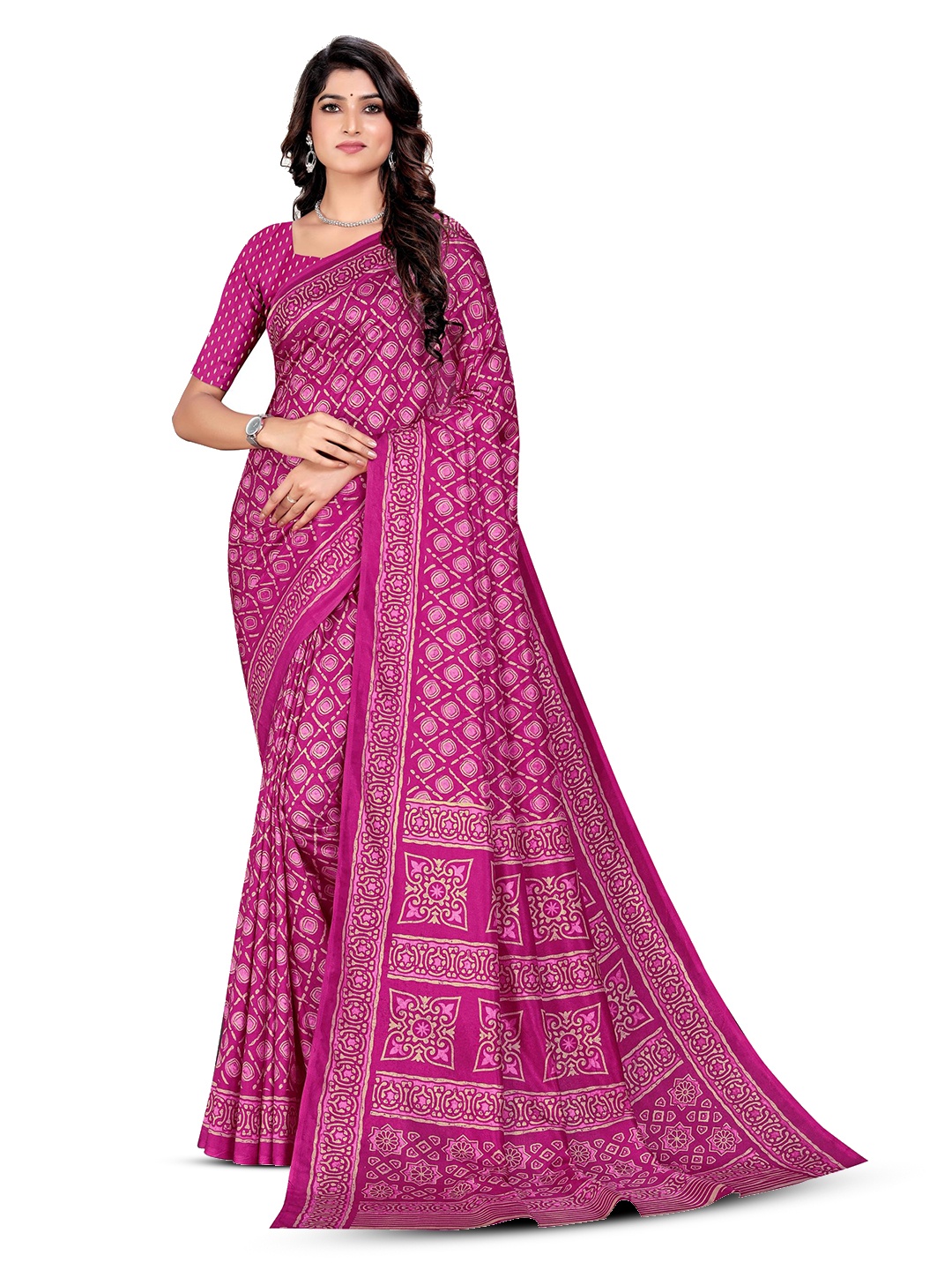 

VIMLA Geometric Printed Mysore Silk Saree, Pink