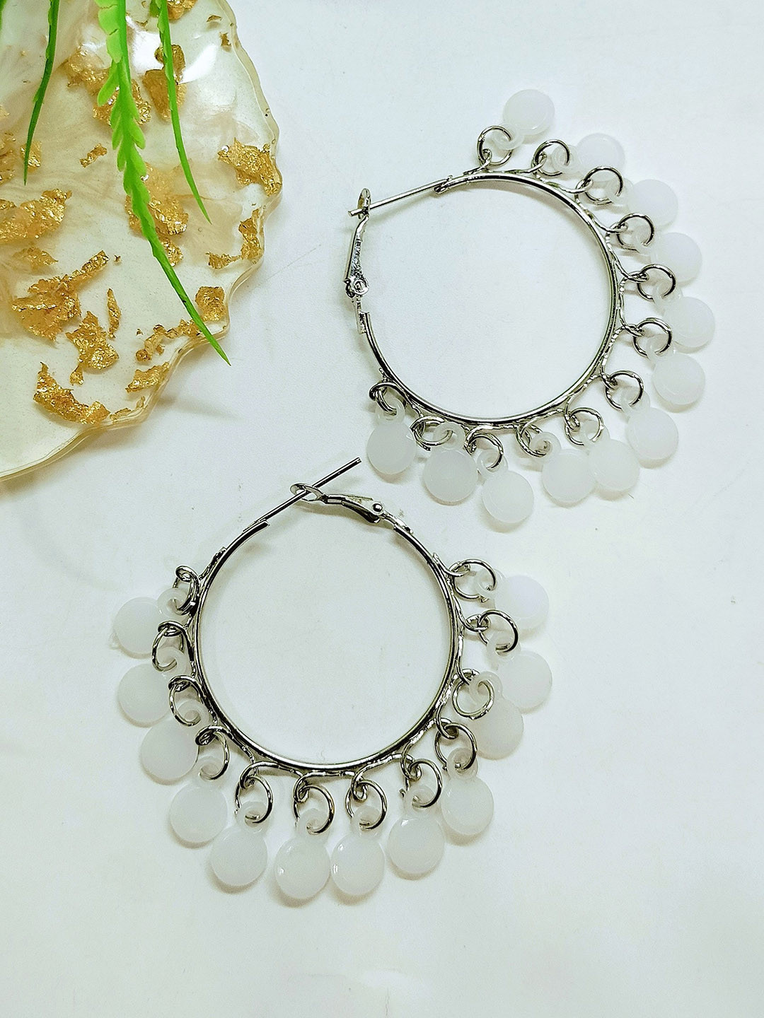 

FEMMIBELLA Silver-Plated Artificial Beads Beaded Circular Hoop Earrings, White