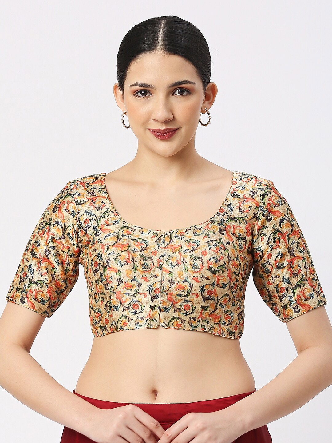 

neckbook Ethnic Motifs Printed Saree Blouse, Cream
