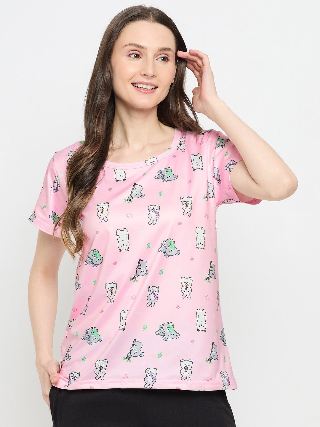 

Camey Women Printed Extended Sleeves Pockets T-shirt, Pink
