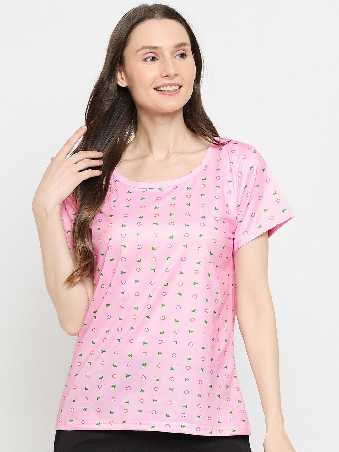 

Camey Women Printed Drop-Shoulder Sleeves Pockets T-shirt, Pink