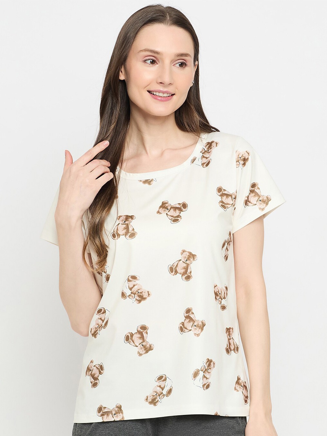 

Camey Women Floral Printed Extended Sleeves Applique T-shirt, Cream