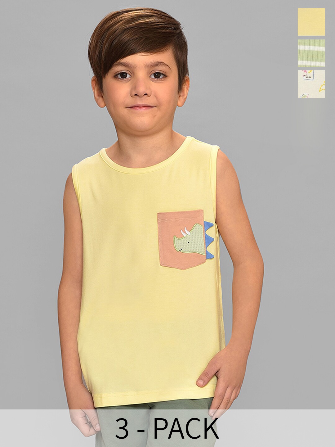 

MiArcus Kids Boys Pack Of 3 Printed Cotton Basic Vests, Yellow