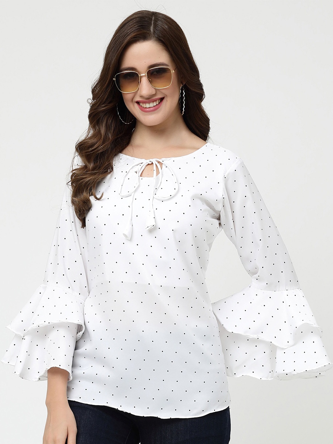 

MISS AYSE Polka Dot Print Bell Sleeve Crepe Styled Back Top, White