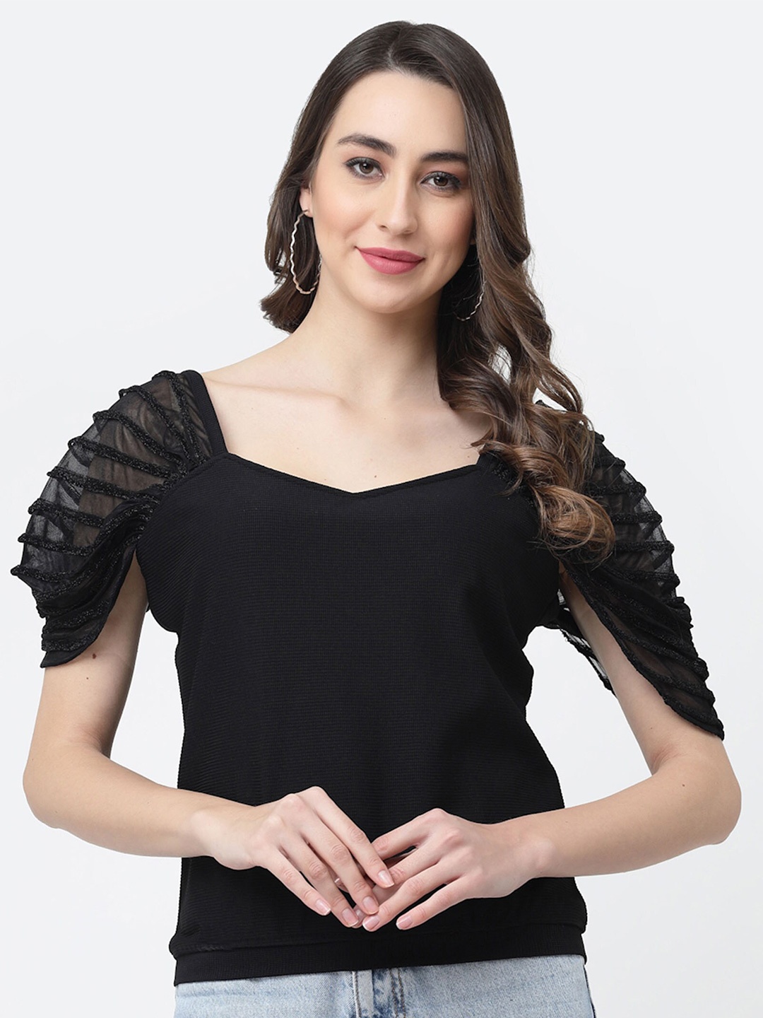 

MISS AYSE Puff Sleeve Styled Back Top, Black