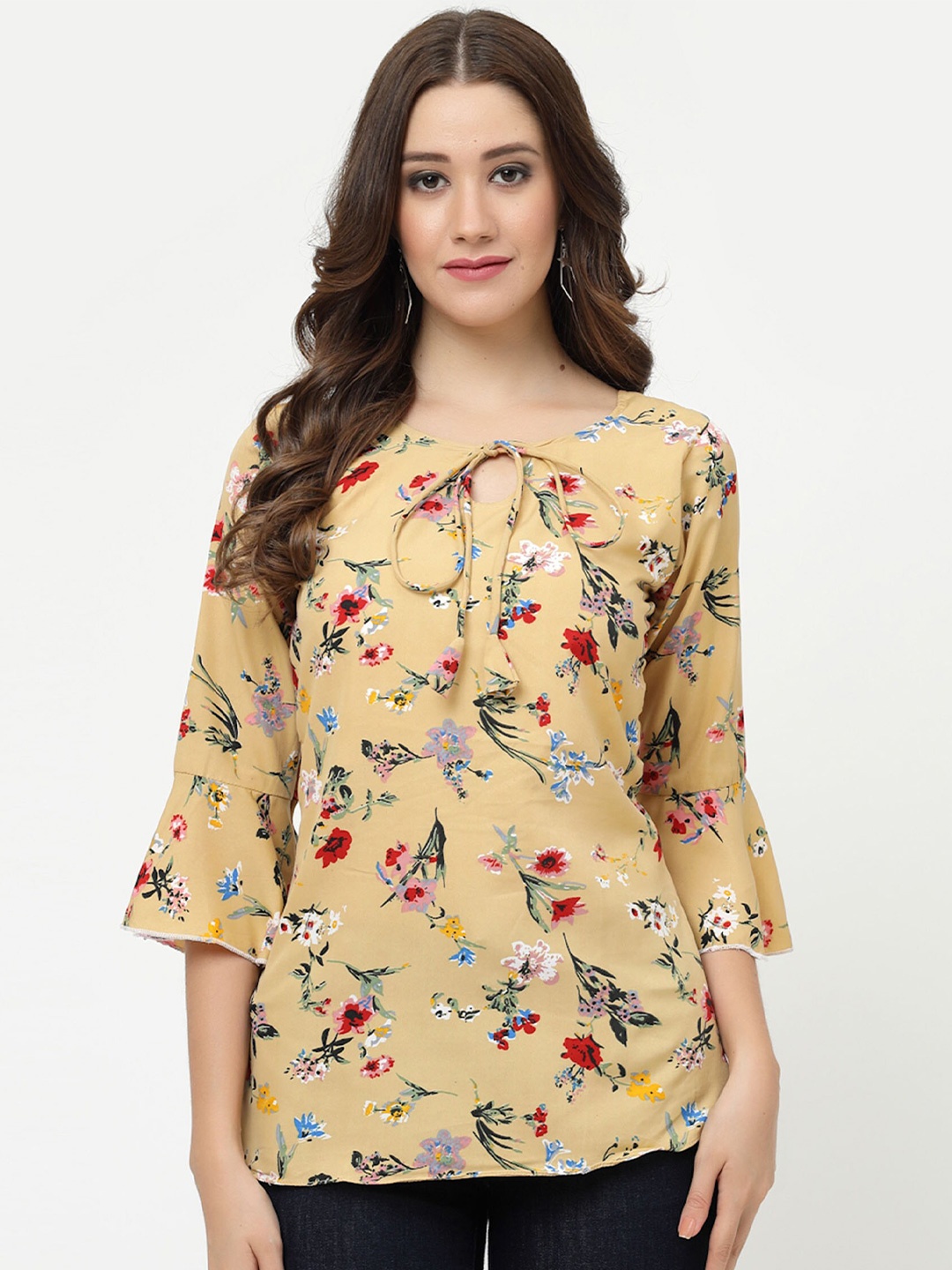 

MISS AYSE Floral Print Bell Sleeve Crepe Styled Back Top, Beige