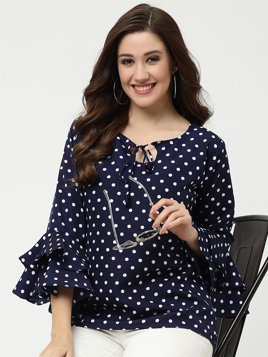 

MISS AYSE Polka Dot Print Bell Sleeve Crepe Top, Navy blue