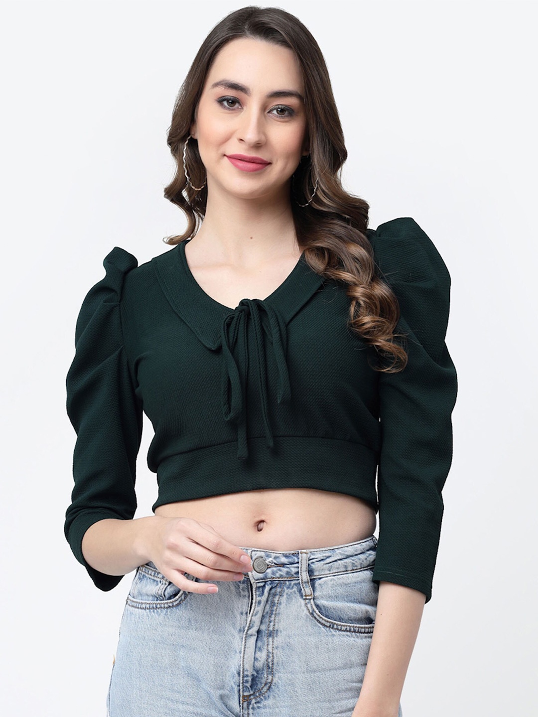 

MISS AYSE Puff Sleeve Styled Back Top, Green