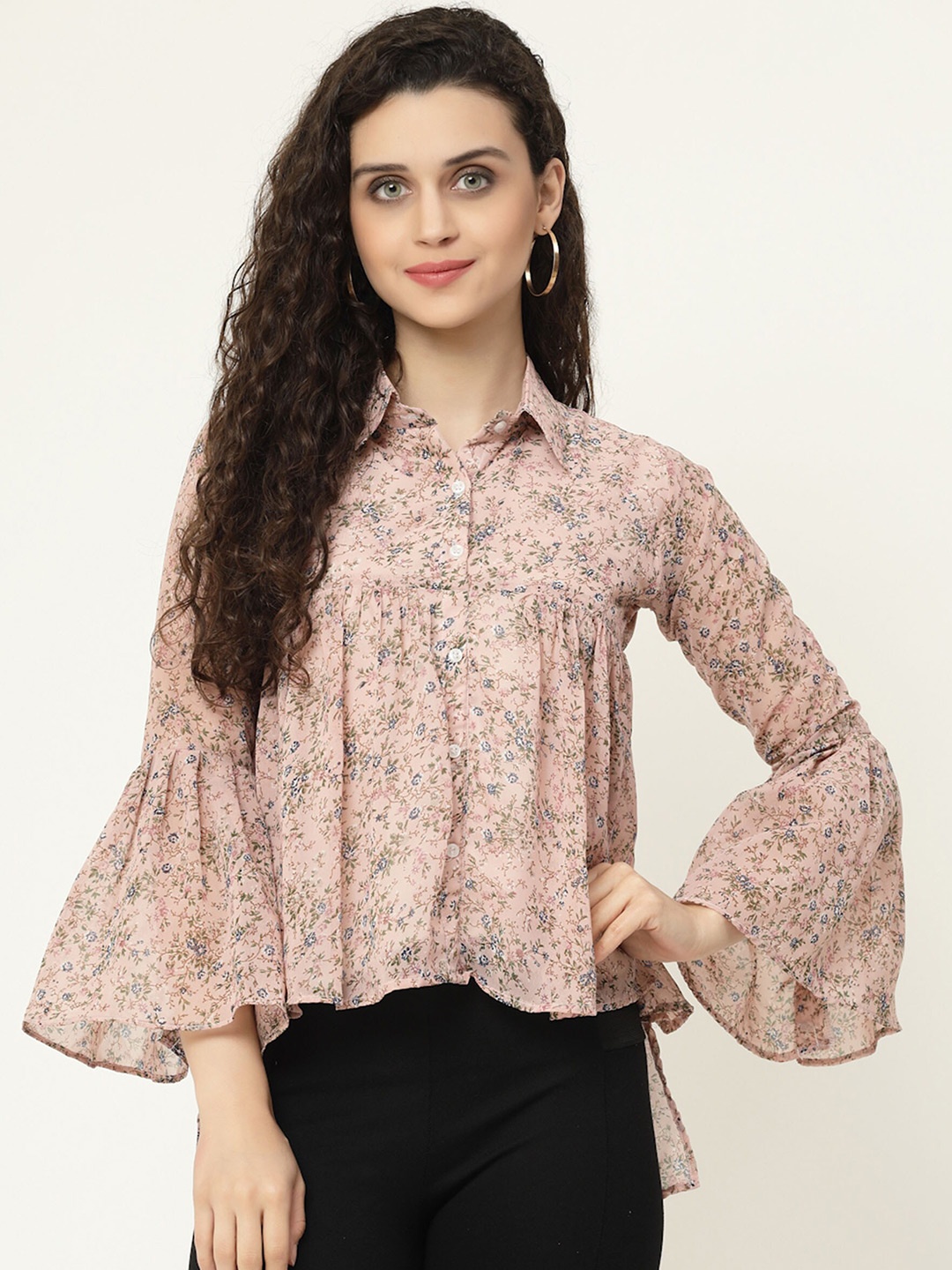 

MISS AYSE Floral Print Bell Sleeve Georgette Top, Pink