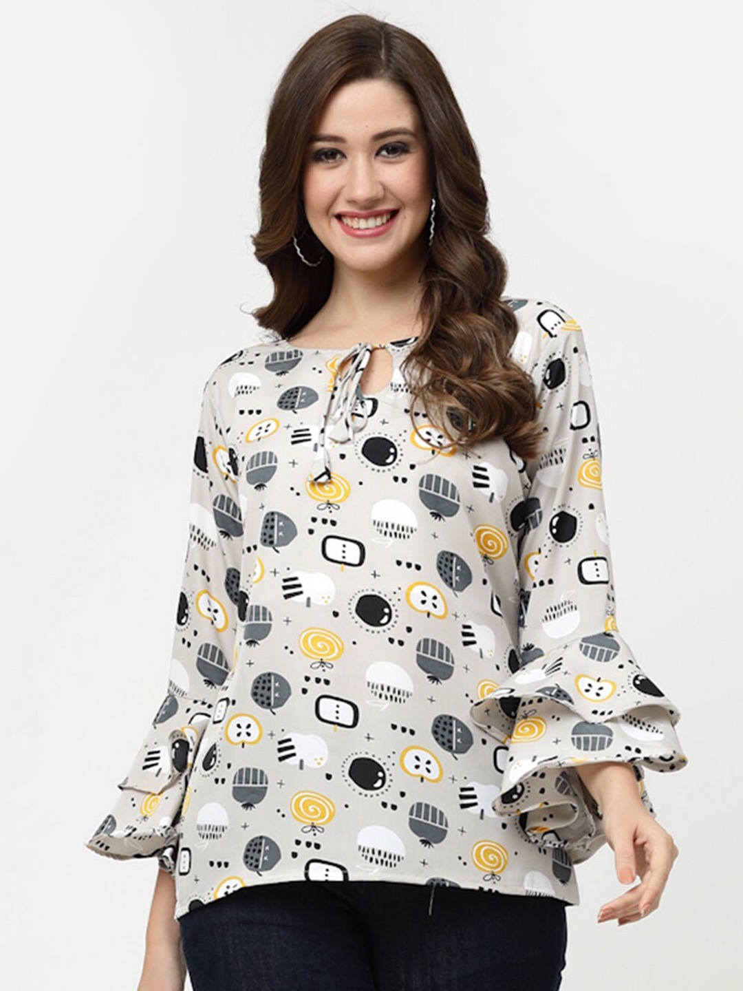 

MISS AYSE Floral Print Bell Sleeve Crepe Top, Grey