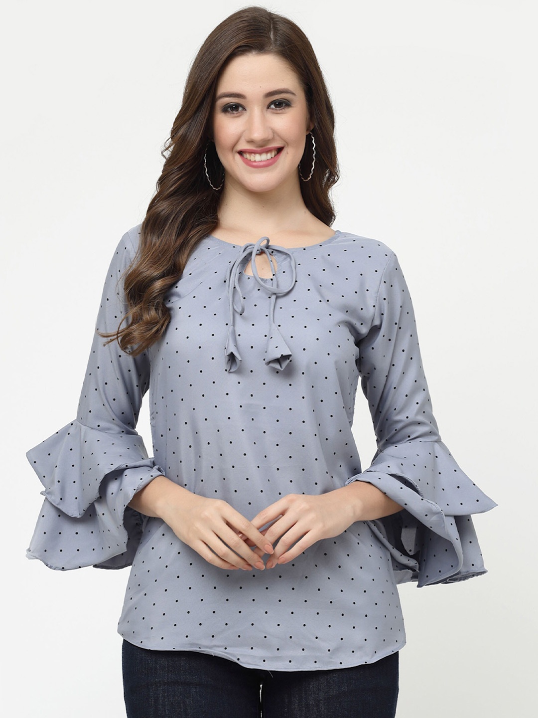 

MISS AYSE Polka Dot Print Bell Sleeve Crepe Top, Grey