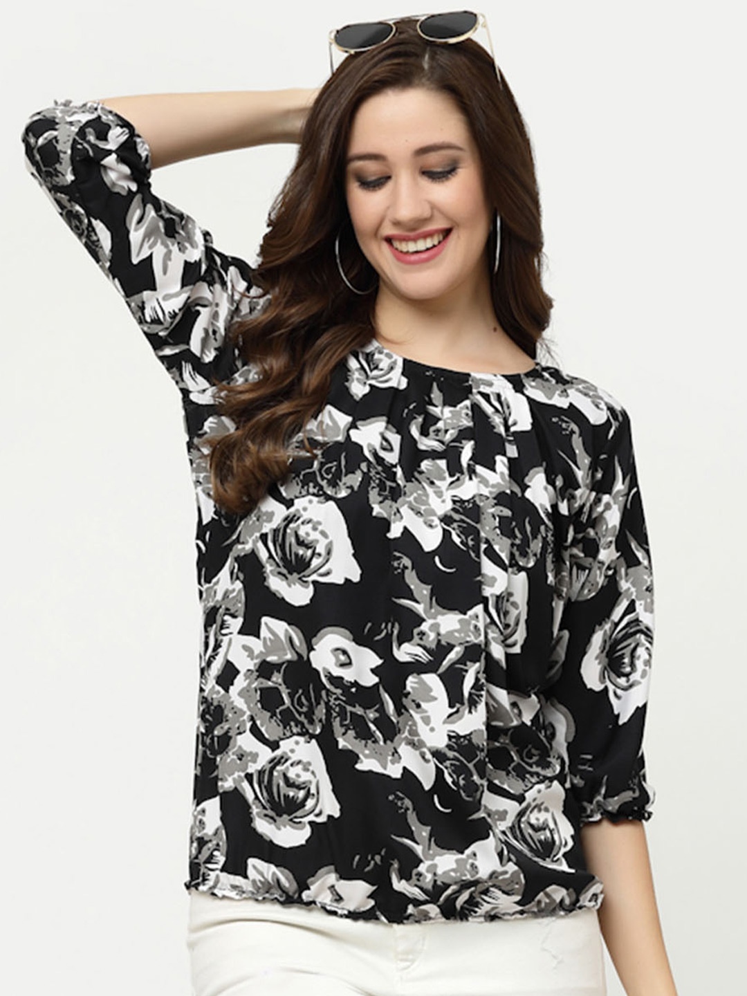 

MISS AYSE Floral Print Roll-Up Sleeves Crepe Top, Black