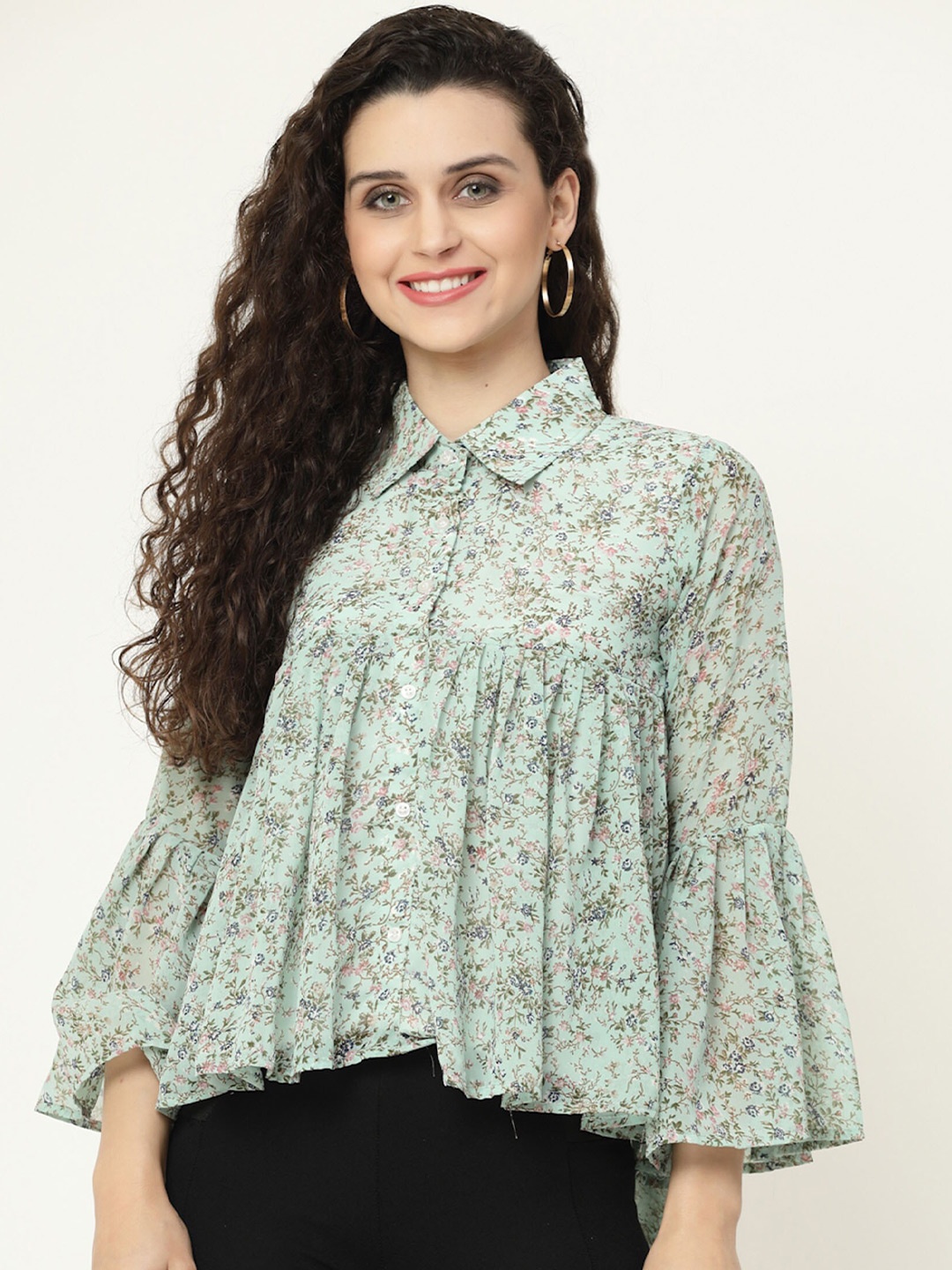 MISS AYSE Floral Print Bell Sleeve Georgette Top, Green