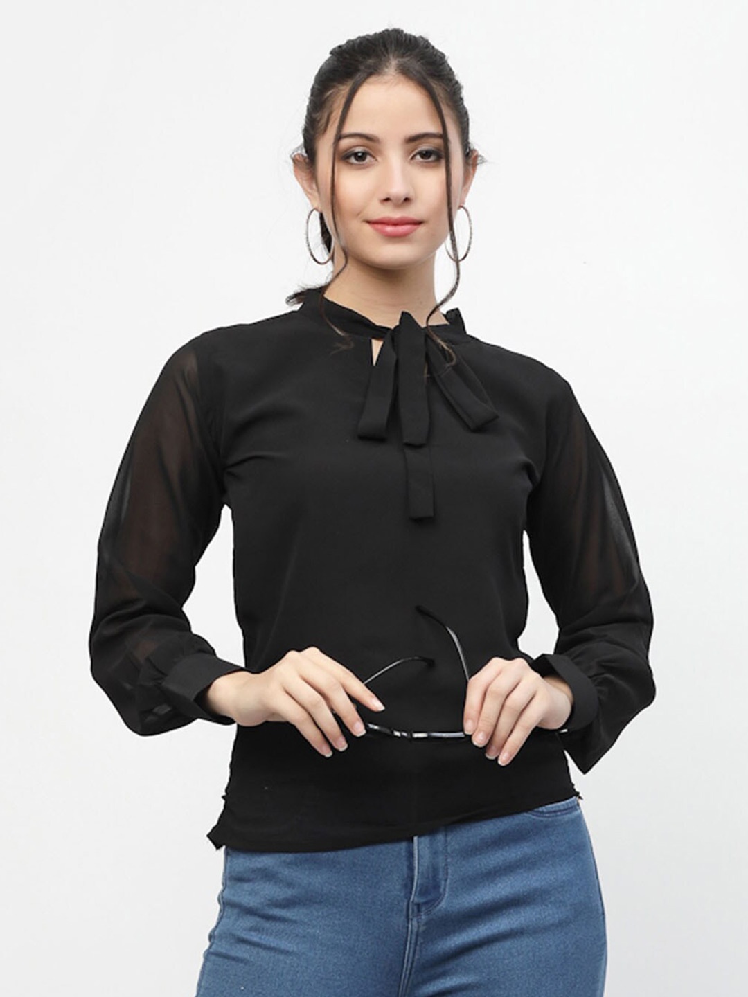 

MISS AYSE Georgette Styled Back Top, Black