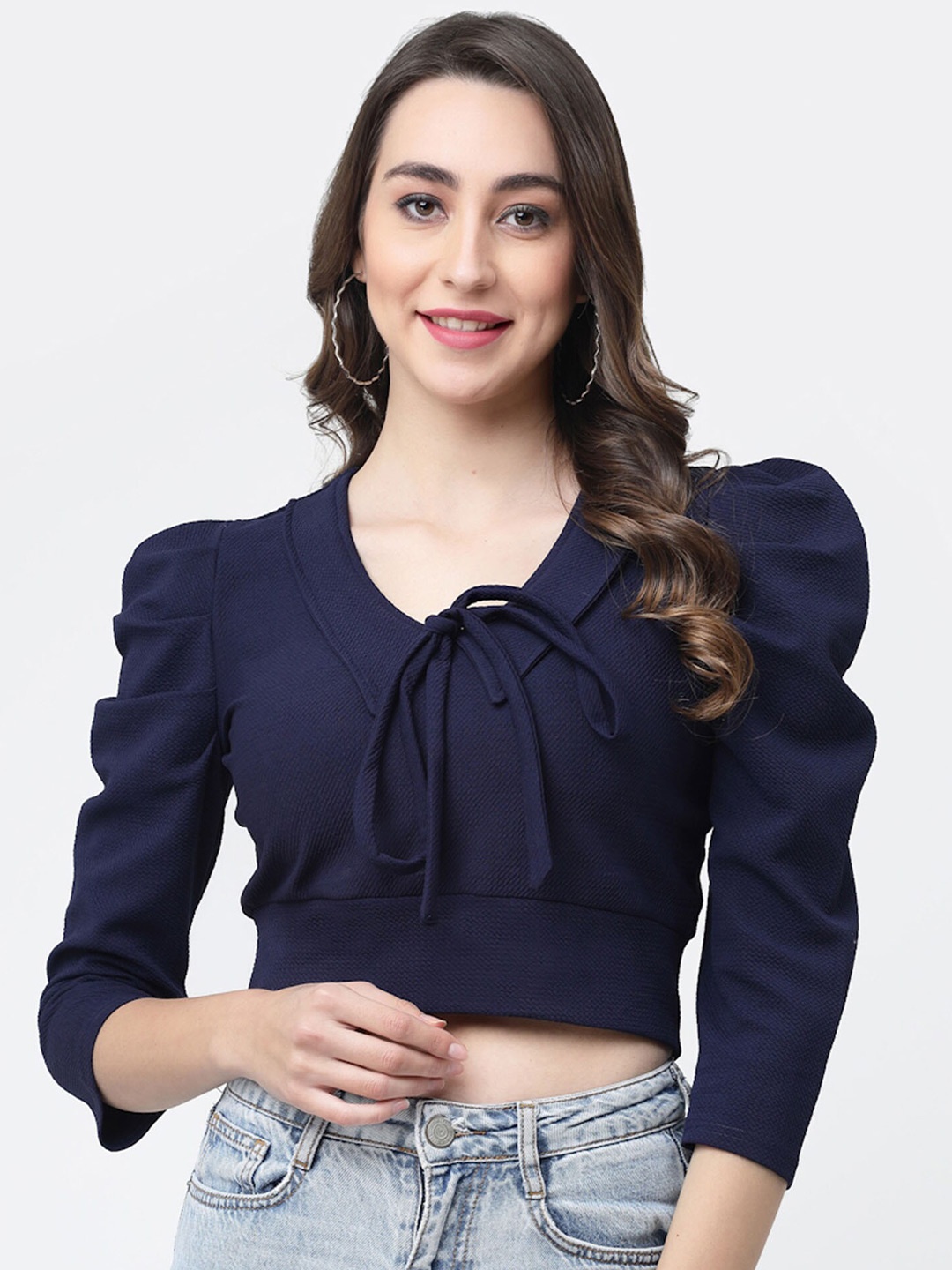 

MISS AYSE Puff Sleeve Styled Back Top, Navy blue