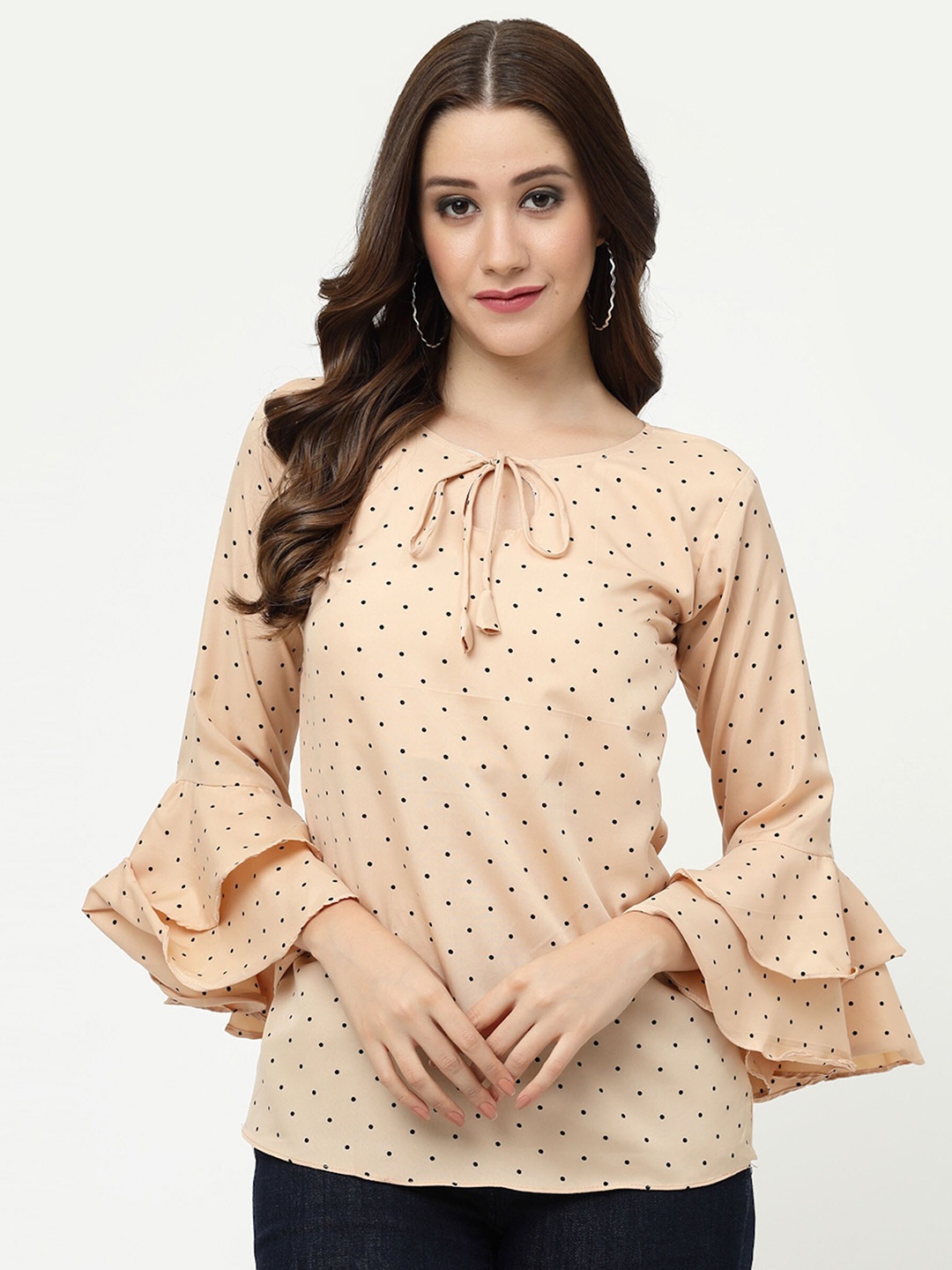 

MISS AYSE Polka Dot Print Bell Sleeve Crepe Styled Back Top, Cream