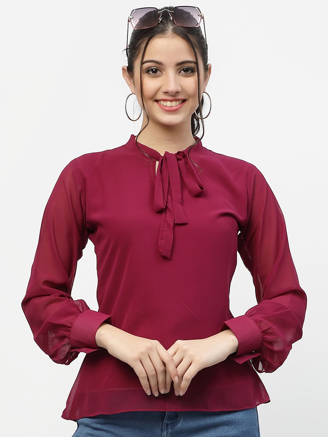 

MISS AYSE Georgette Styled Back Top, Maroon