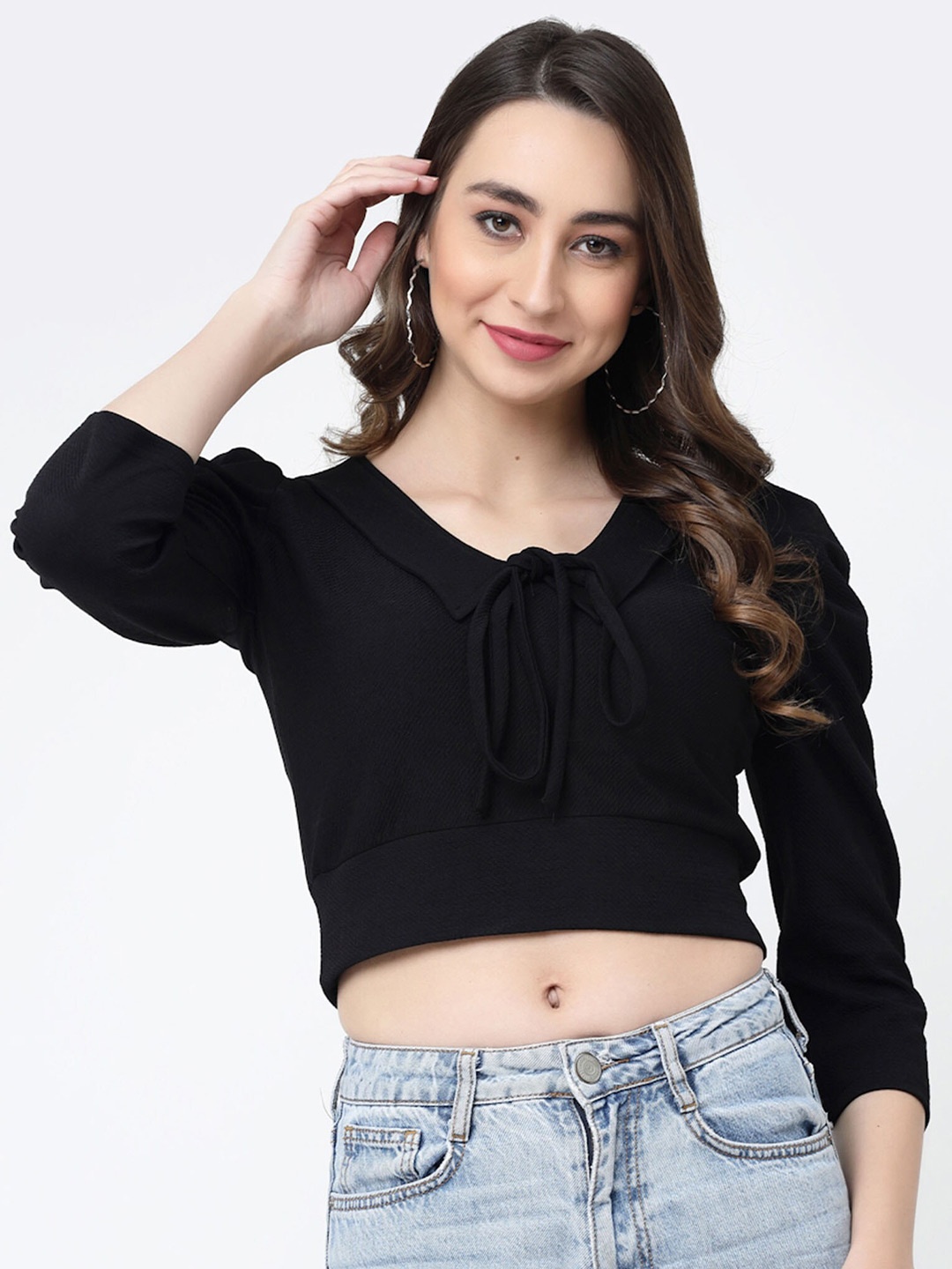 

MISS AYSE Puff Sleeve Styled Back Top, Black