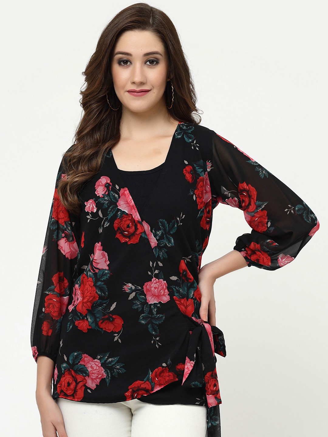 

MISS AYSE Floral Print Georgette Styled Back Top, Black
