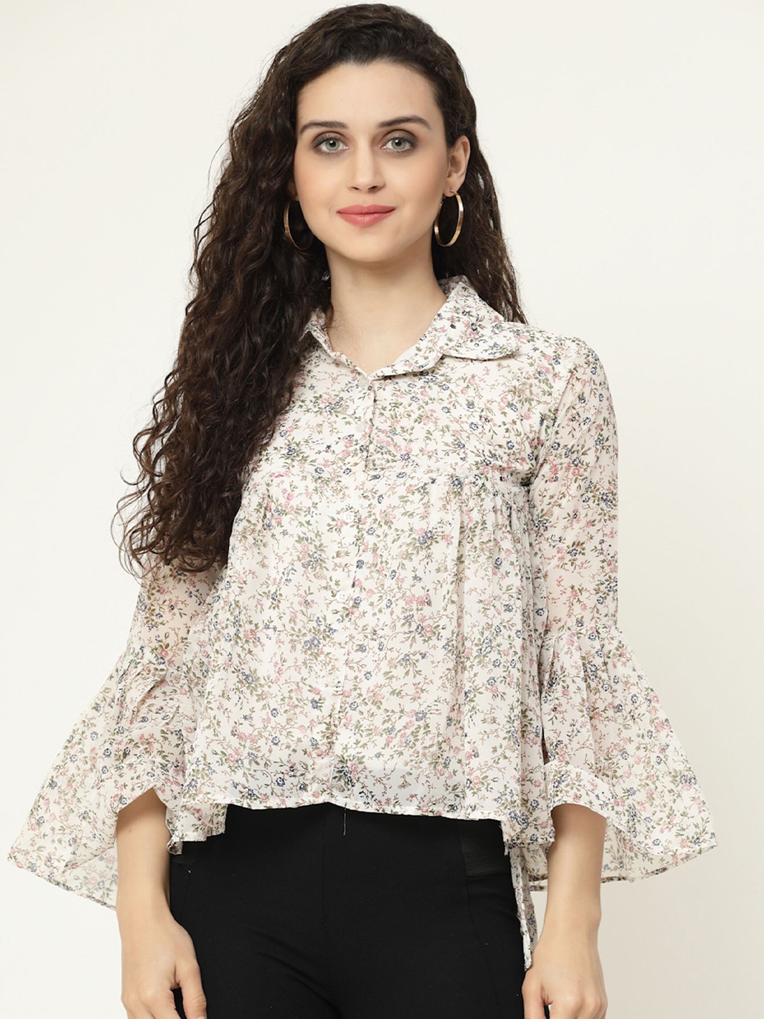

MISS AYSE Floral Print Bell Sleeve Georgette Top, White