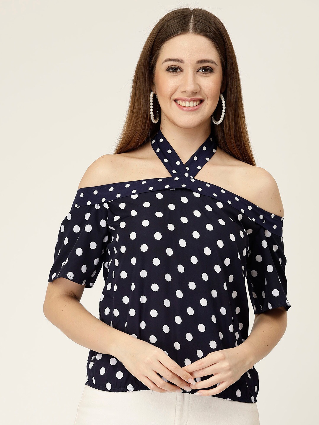 

MISS AYSE Polka Dot Print Off-Shoulder Crepe Top, Navy blue