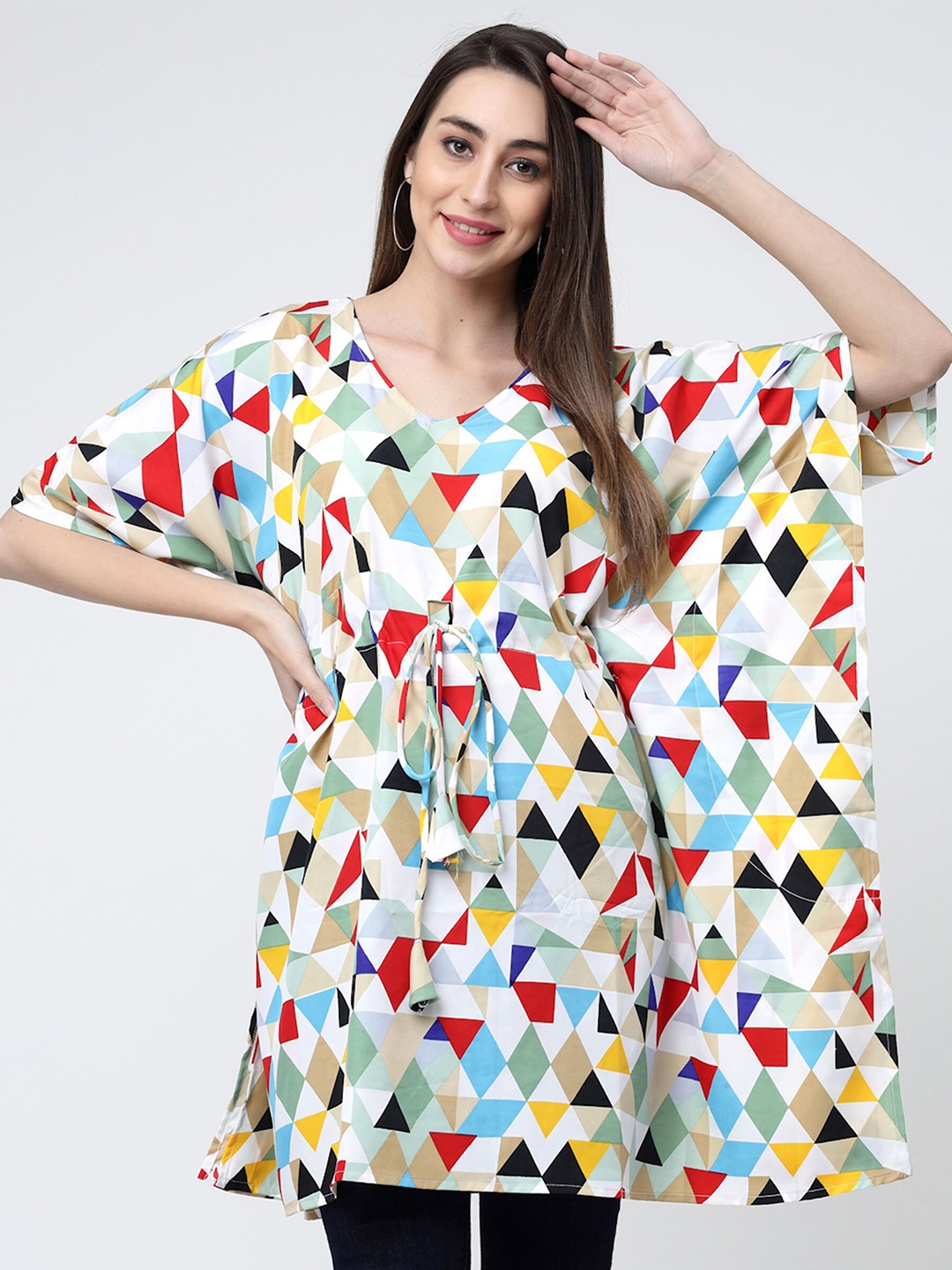 

MISS AYSE Geometric Print Roll-Up Sleeves Crepe Top, Multi