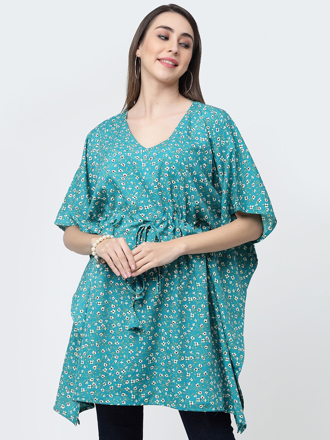 

MISS AYSE Floral Print Kimono Sleeve Crepe Kaftan Longline Top, Blue