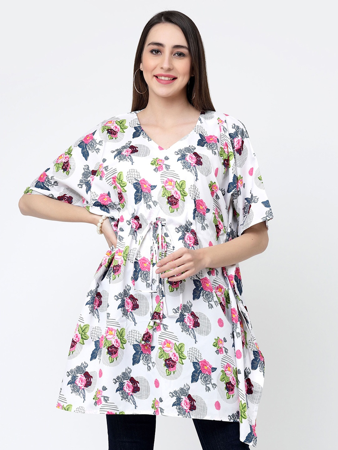 

MISS AYSE Floral Print Kimono Sleeve Crepe Styled Back Longline Top, White
