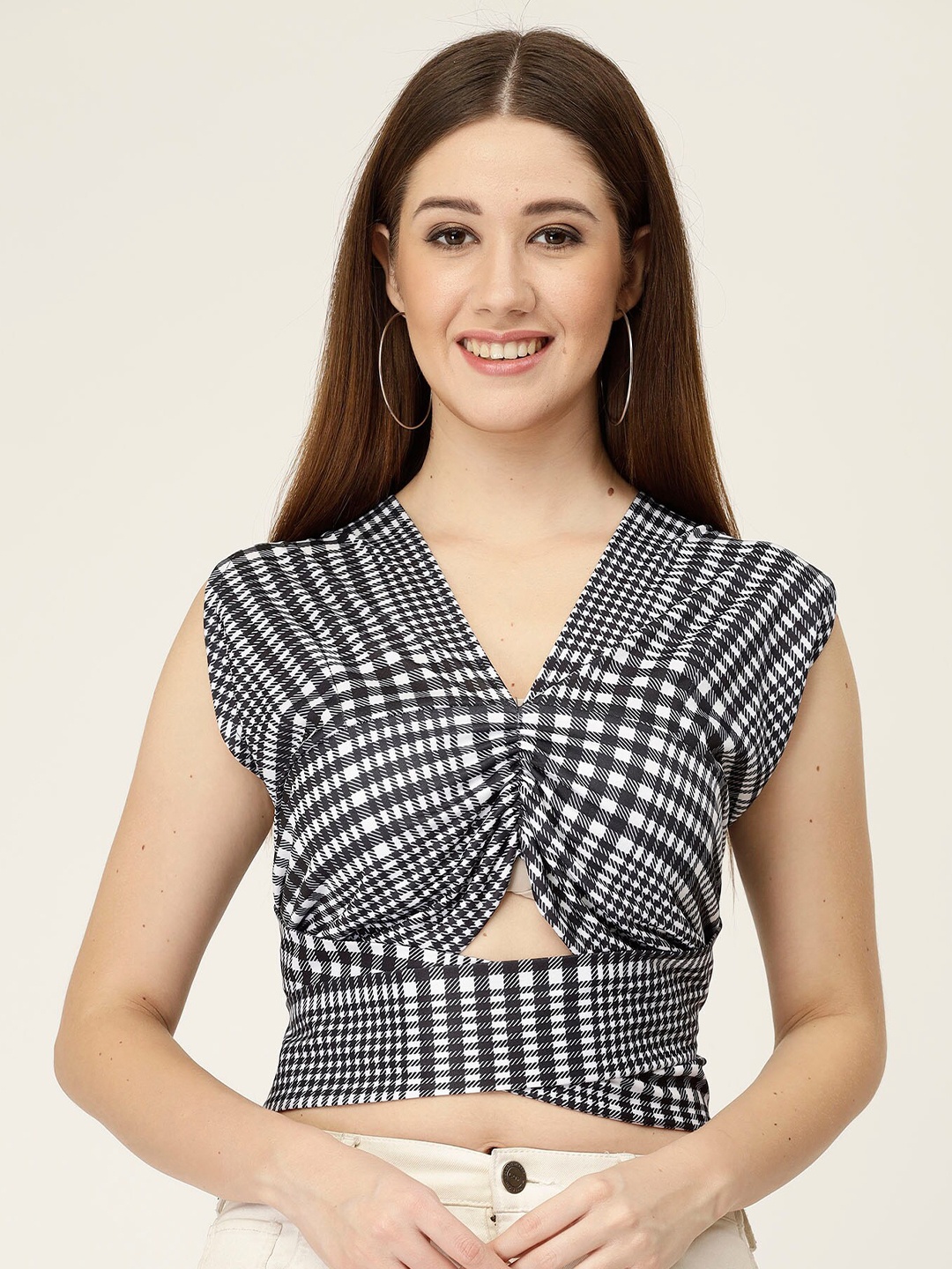 

MISS AYSE Checked Crepe Styled Back Crop Top, Multi